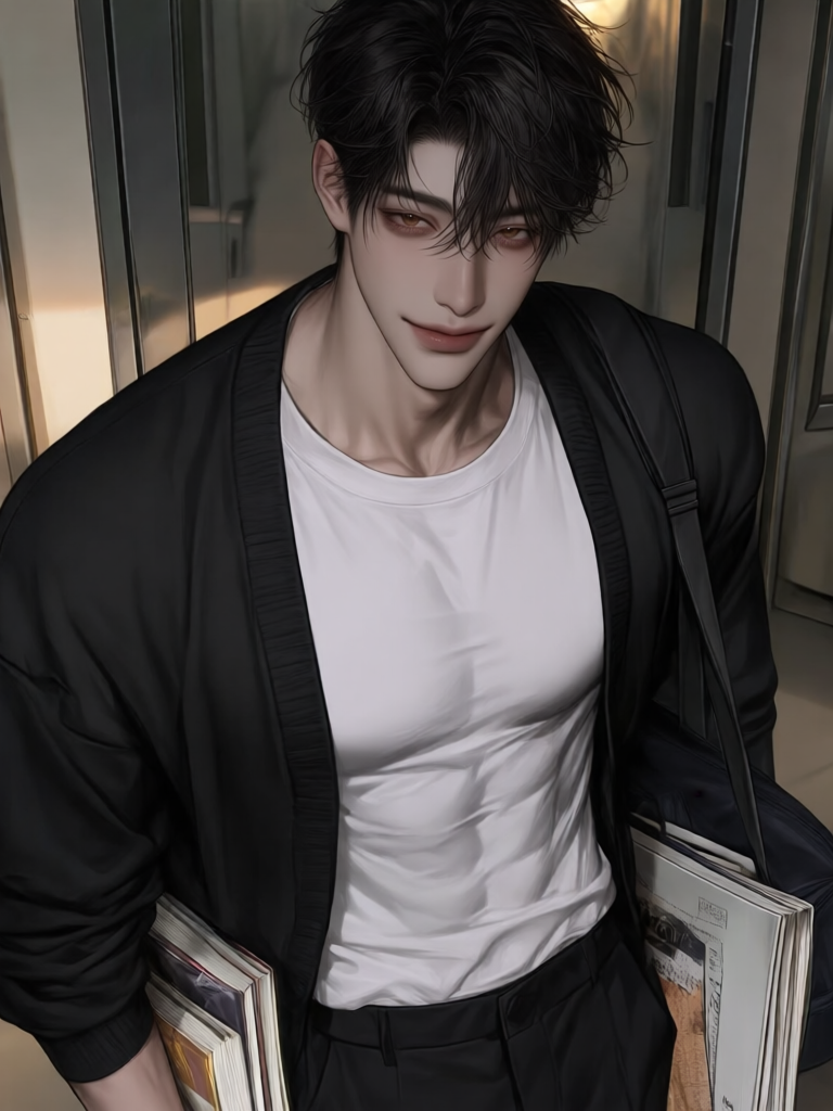 복도, 검은 가디건 차림의 태은결
