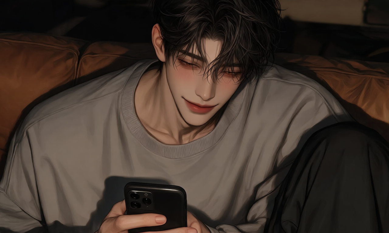 밤, 소파에서 휴대폰을 보는 태은결